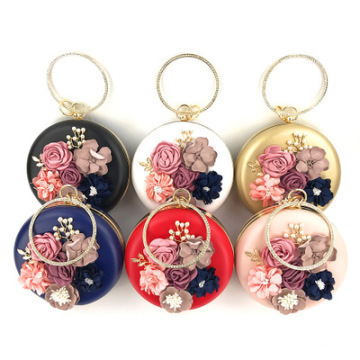 Newest 2021 Luxury White Red Blue Black Three-dimensional Rose Flower Gold Rhinestone Banquet Evening Purse Round Clutch Bag